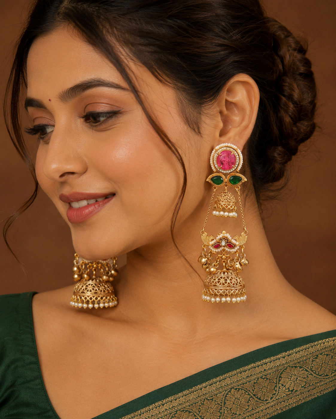 Royal Pink & Green Stone Gold-Toned Jhumka Earring