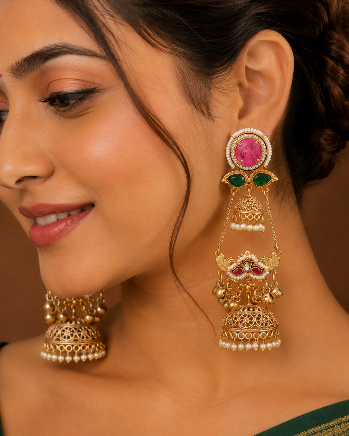 Royal Pink & Green Stone Gold-Toned Jhumka Earring