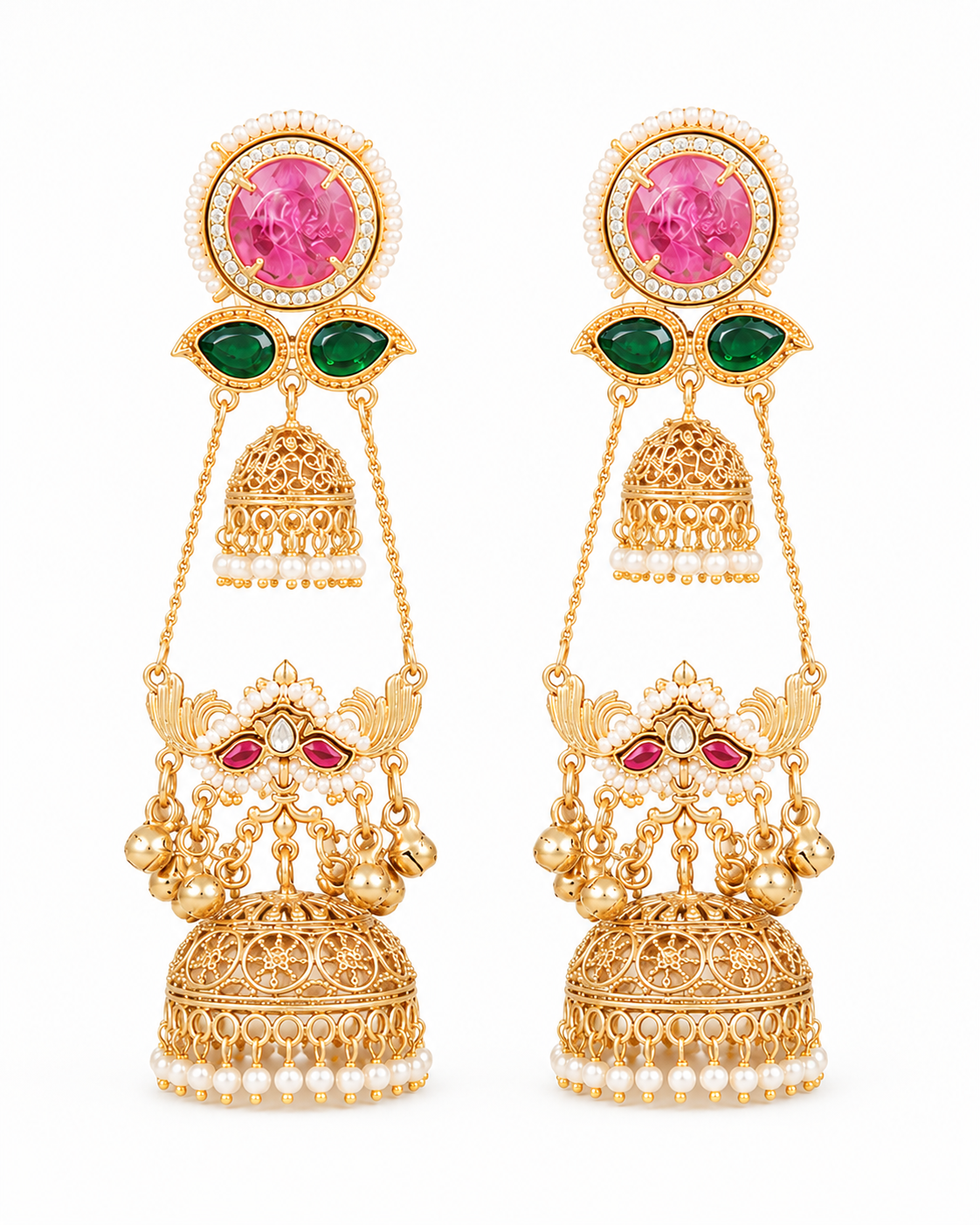 Royal Pink & Green Stone Gold-Toned Jhumka Earring