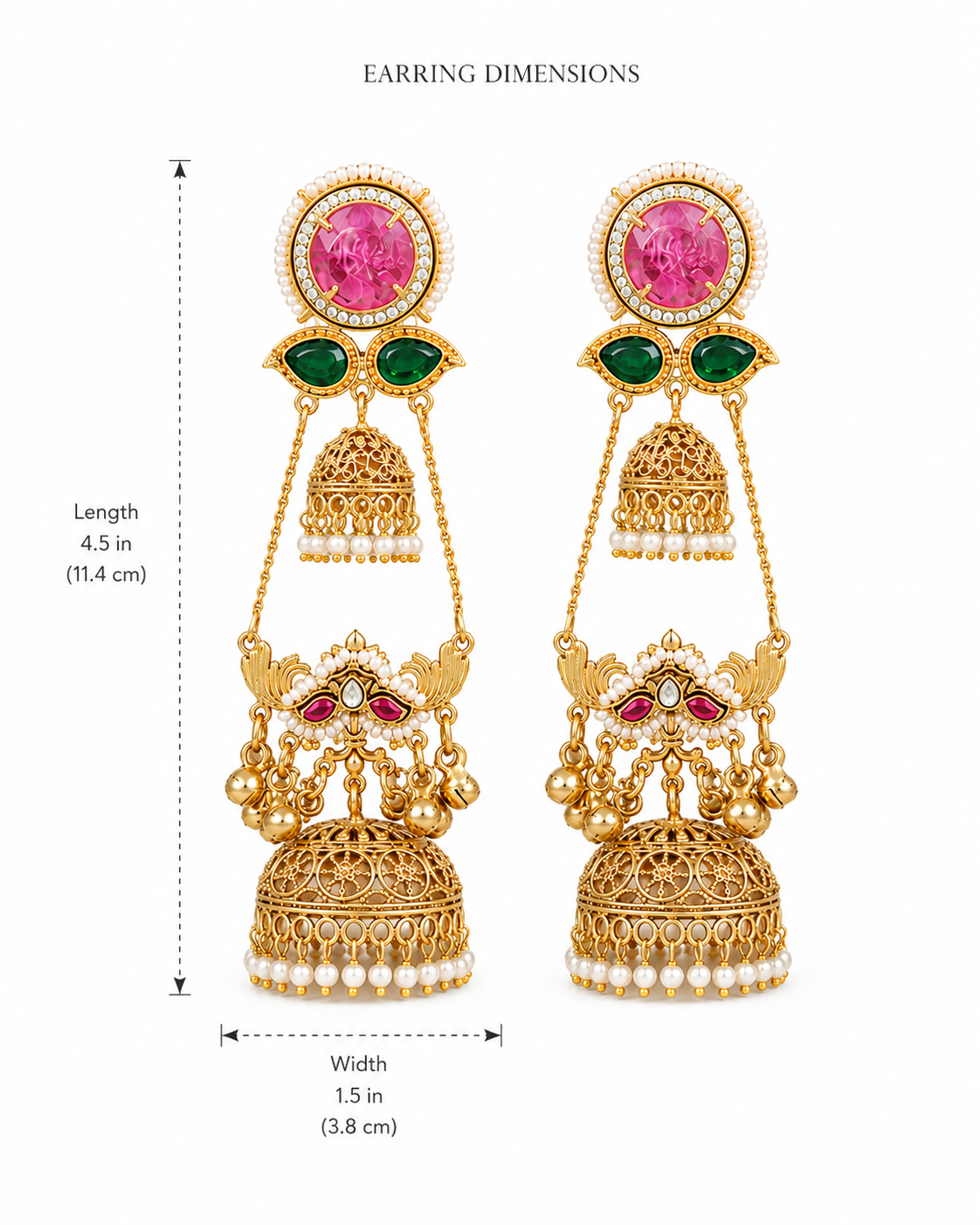 Royal Pink & Green Stone Gold-Toned Jhumka Earring