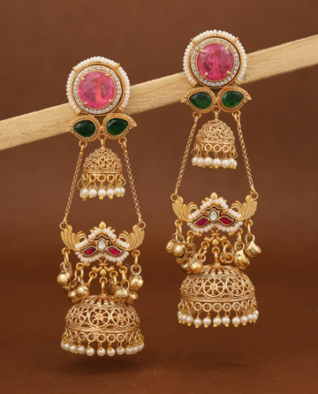Royal Pink & Green Stone Gold-Toned Jhumka Earring