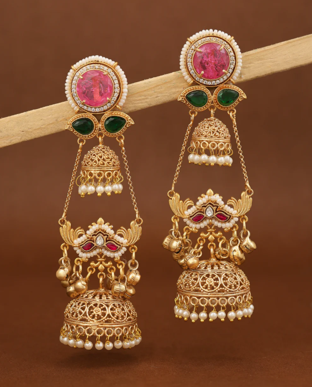 Royal Pink & Green Stone Gold-Toned Jhumka Earring