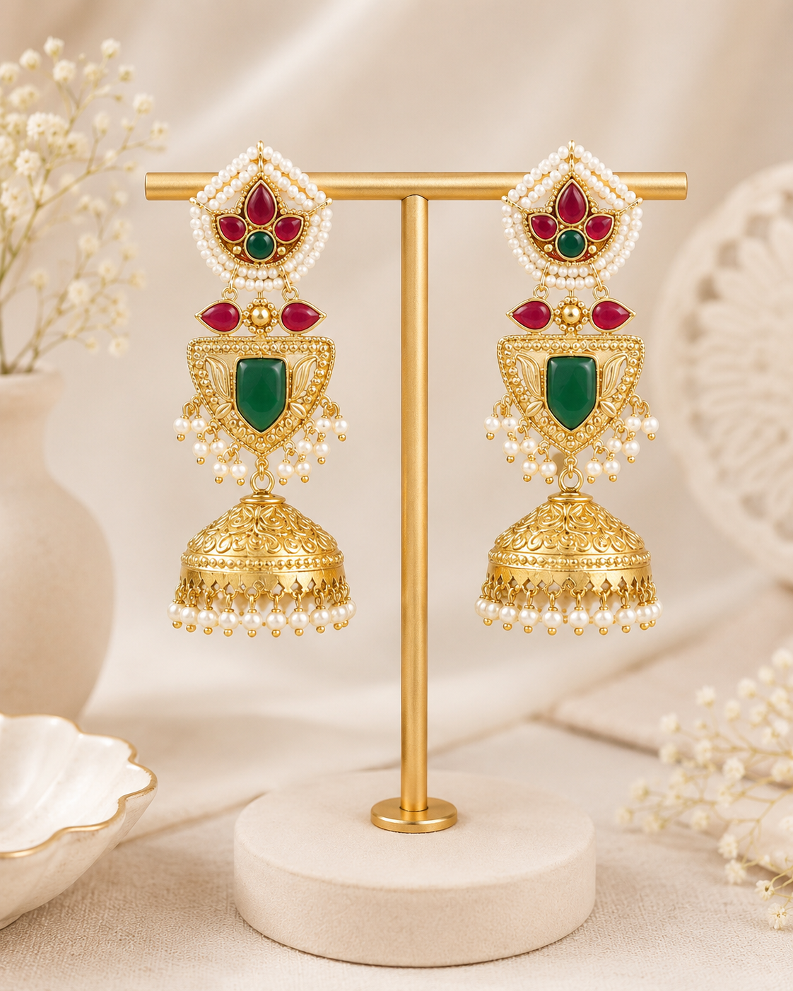 Royal Green & Red Stone Gold-Toned Jhumka Earring