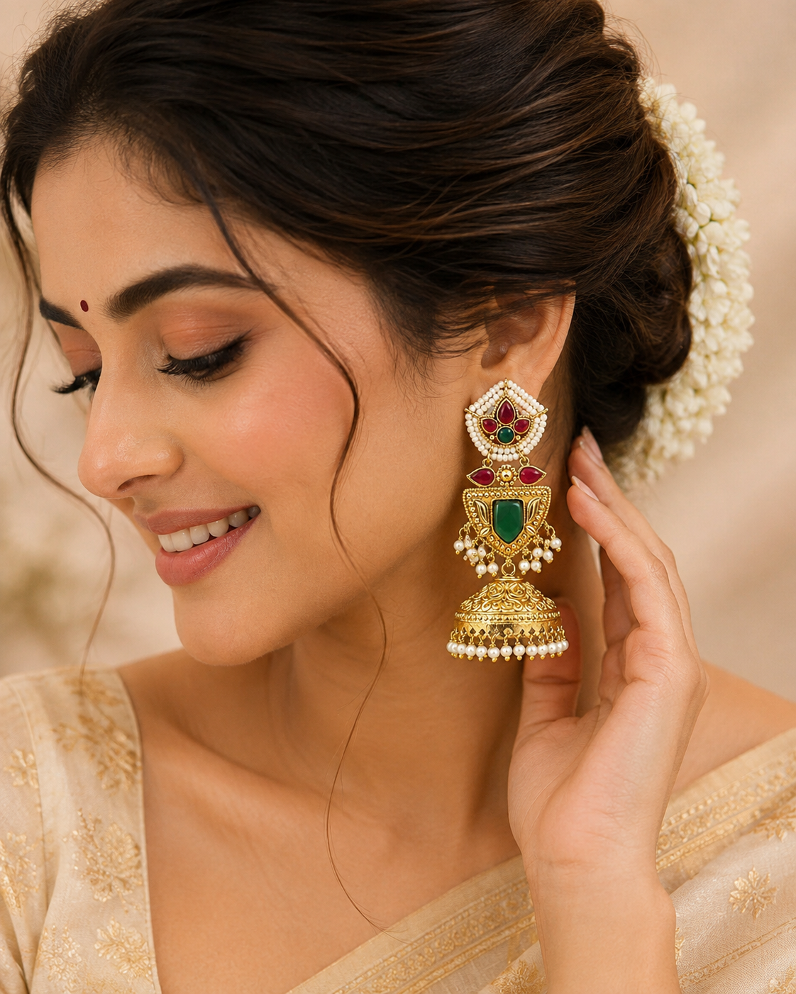 Royal Green & Red Stone Gold-Toned Jhumka Earring