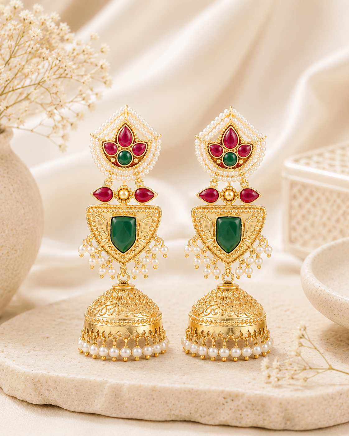 Royal Green & Red Stone Gold-Toned Jhumka Earring