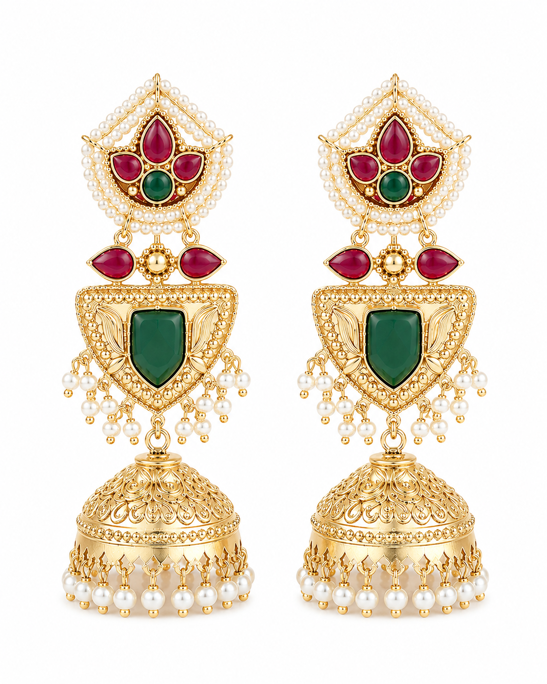 Royal Green & Red Stone Gold-Toned Jhumka Earring