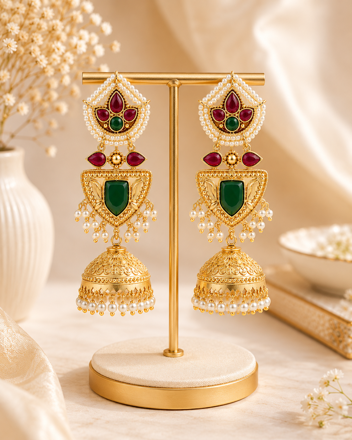 Royal Green & Red Stone Gold-Toned Jhumka Earring