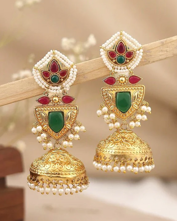Royal Green & Red Stone Gold-Toned Jhumka Earring
