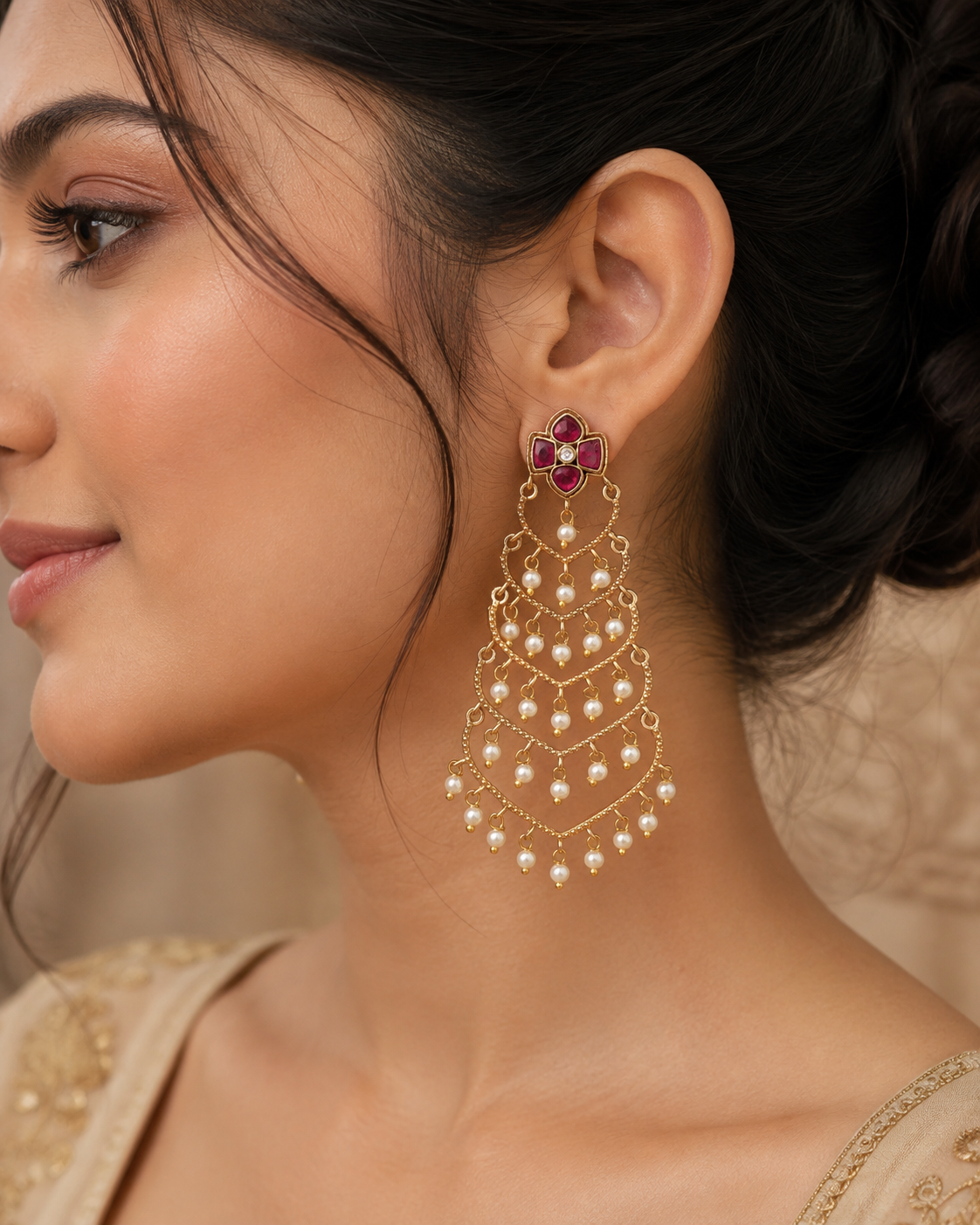 Red Floral Pearl Cascade Statement Earring