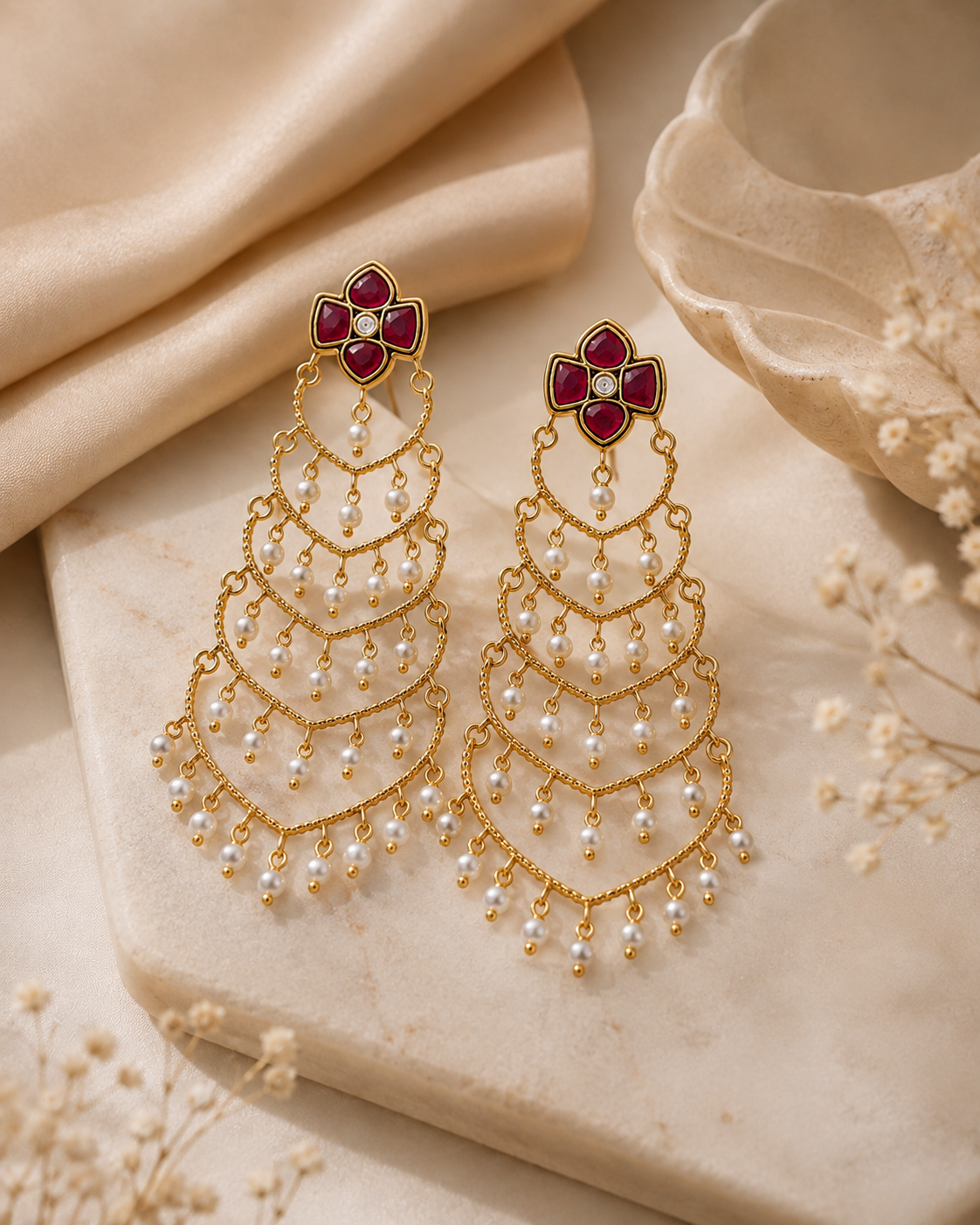 Red Floral Pearl Cascade Statement Earring