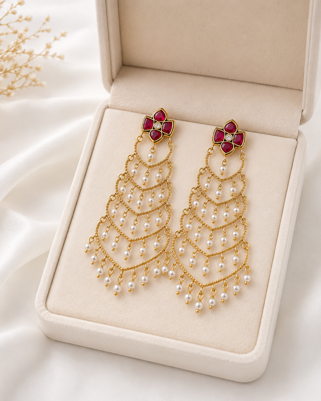 Red Floral Pearl Cascade Statement Earring