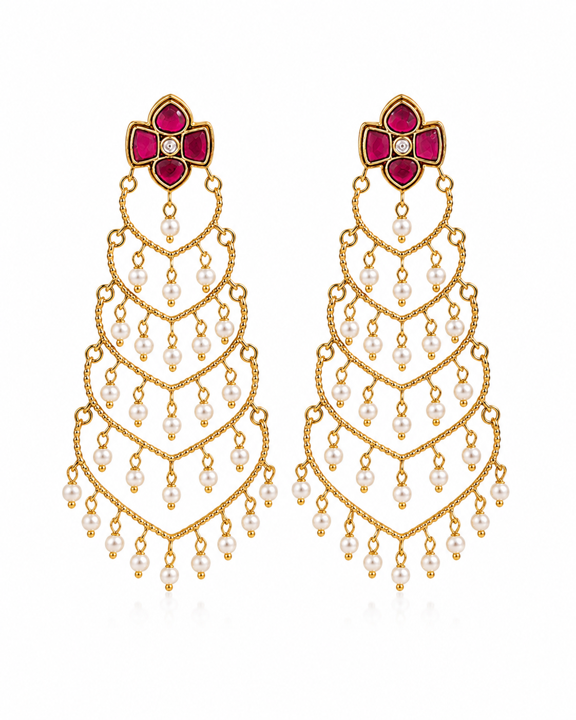 Red Floral Pearl Cascade Statement Earring