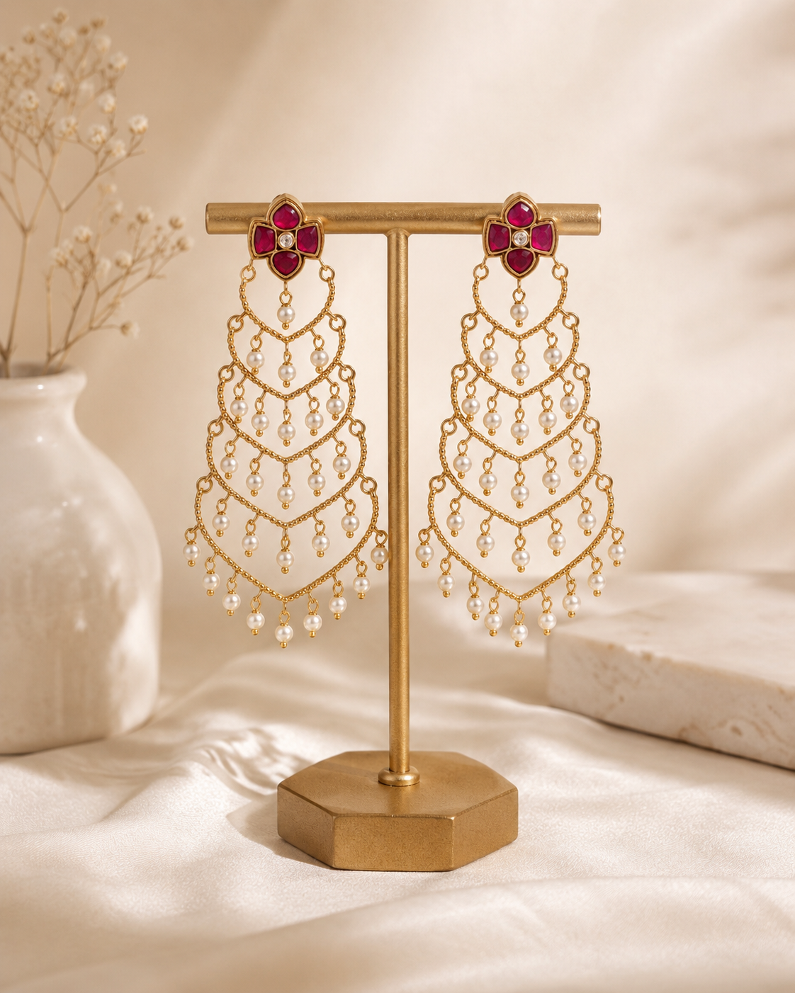 Red Floral Pearl Cascade Statement Earring