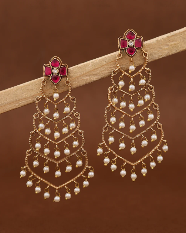 Red Floral Pearl Cascade Statement Earring