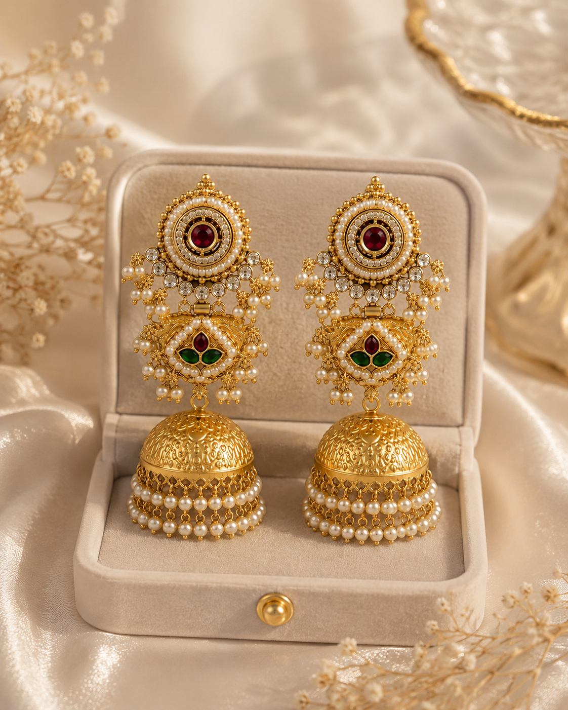 Gold Pearl Kundan Jhumka Earring