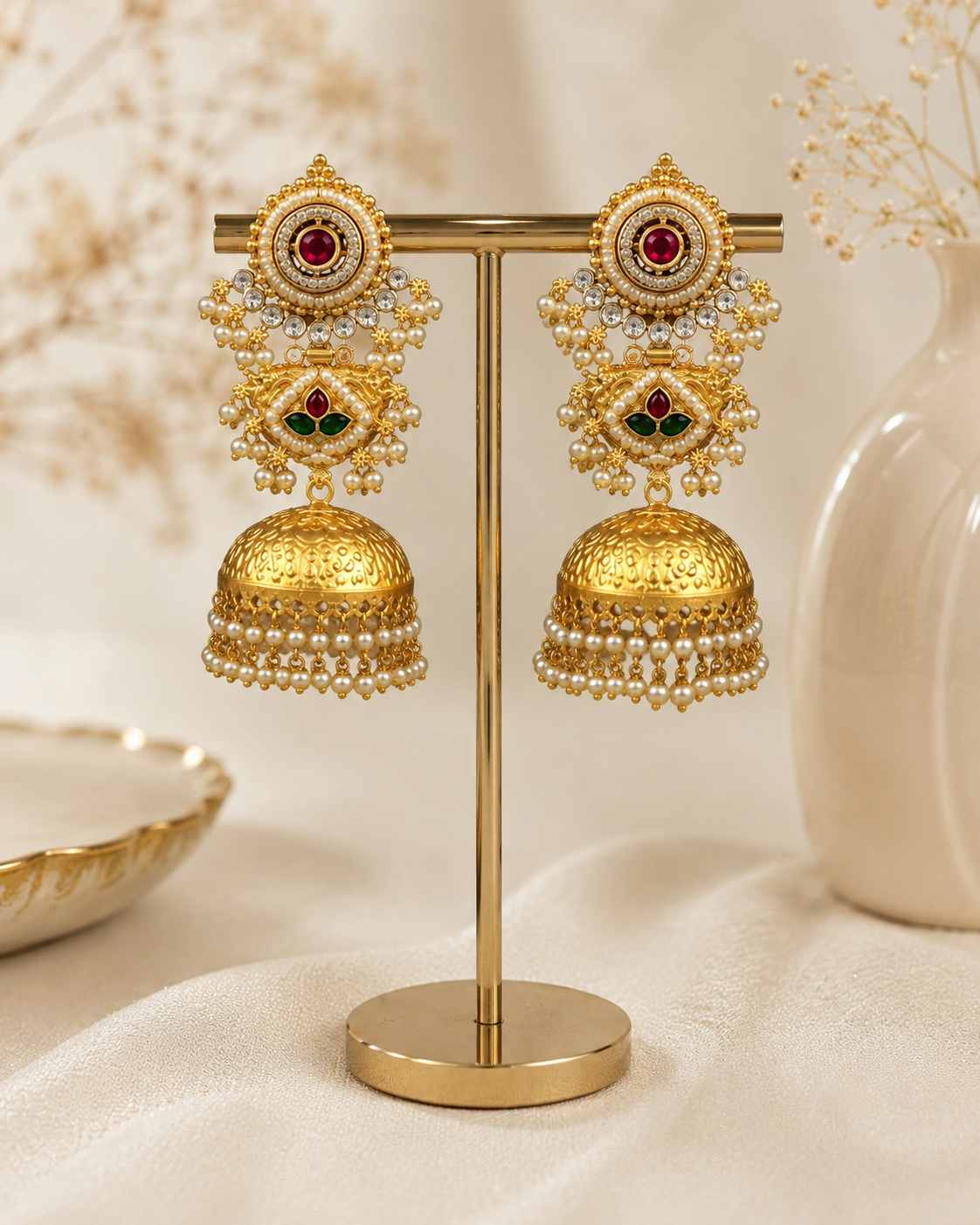 Gold Pearl Kundan Jhumka Earring