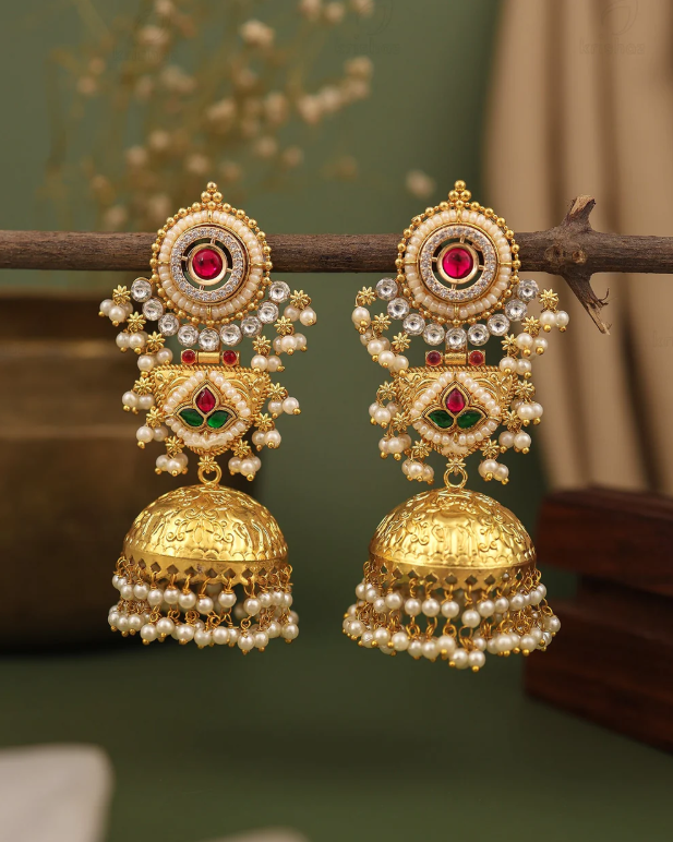 Gold Pearl Kundan Jhumka Earring