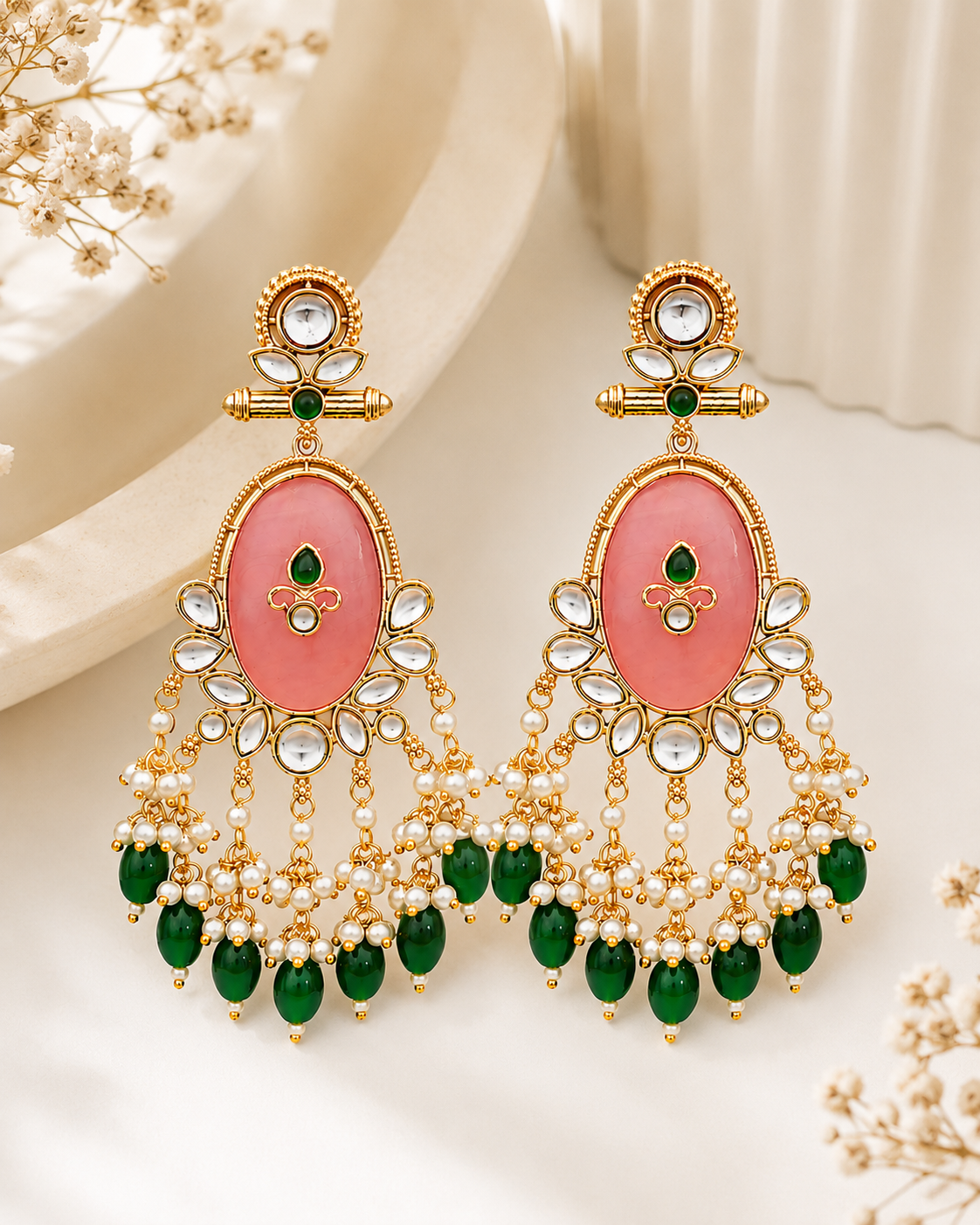 Pink Stone Green Beaded Statement Earring