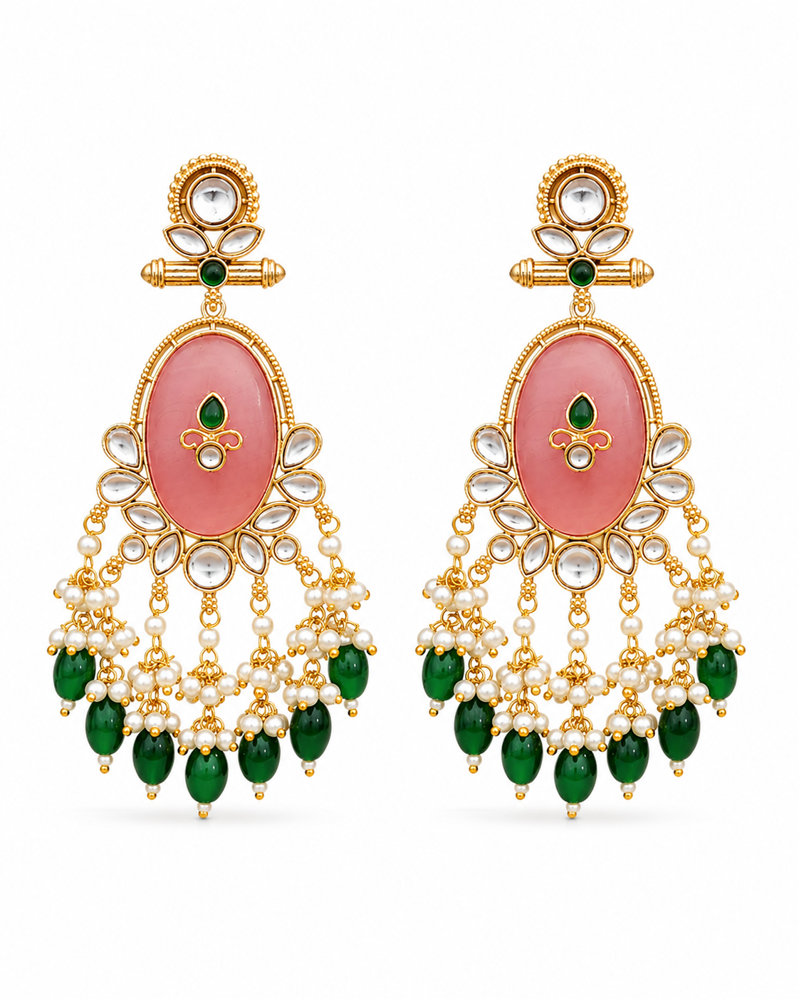 Pink Stone Green Beaded Statement Earring