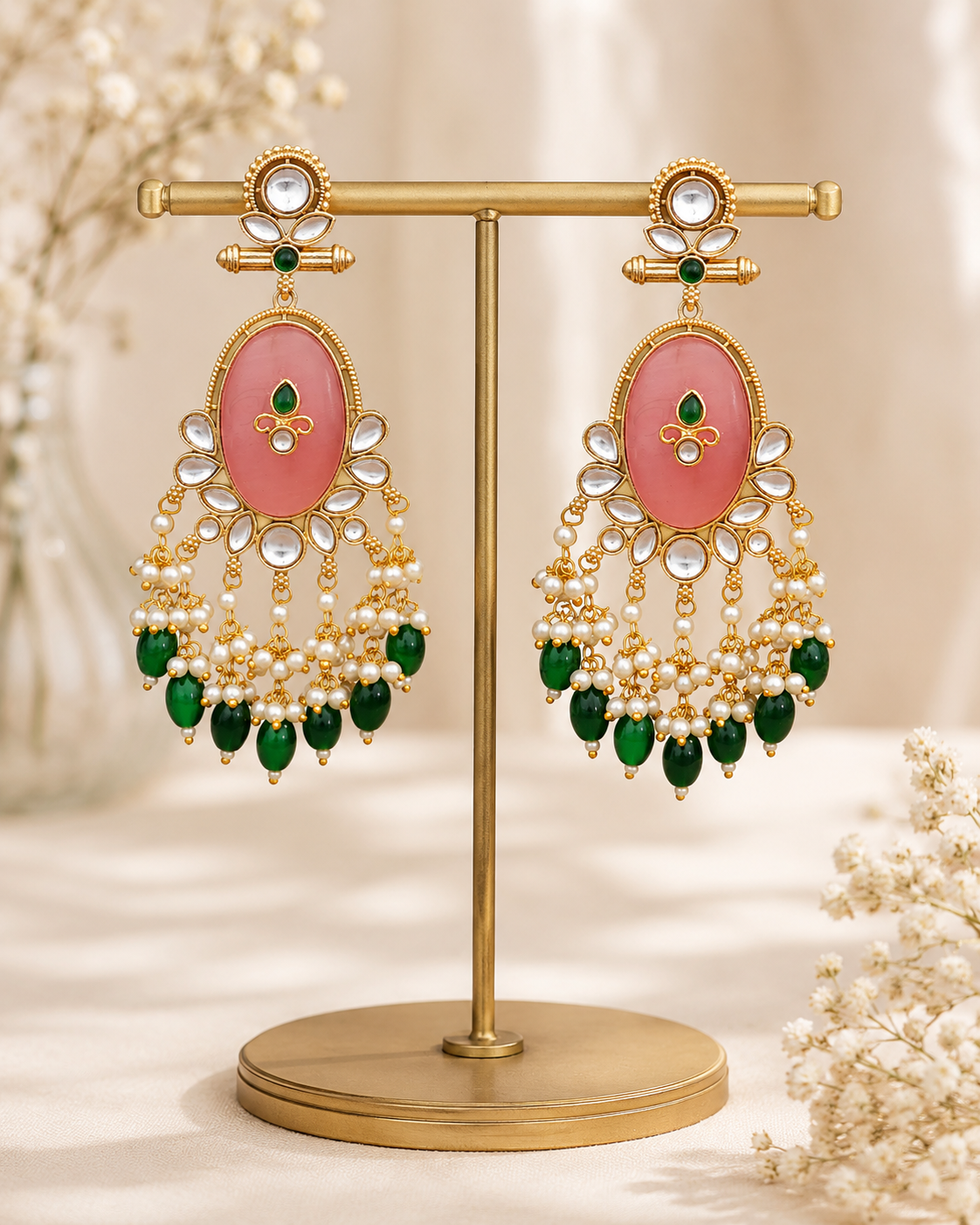 Pink Stone Green Beaded Statement Earring