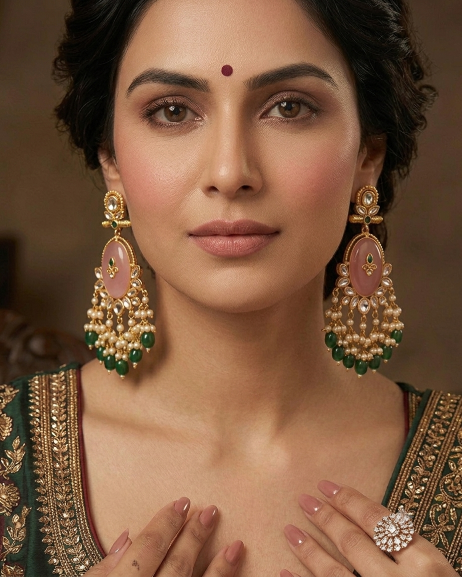 Pink Stone Green Beaded Statement Earring