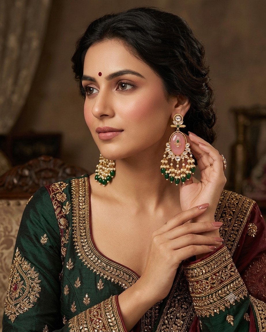 Pink Stone Green Beaded Statement Earring