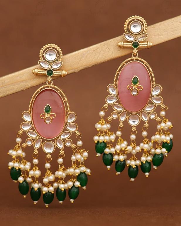 Pink Stone Green Beaded Statement Earring
