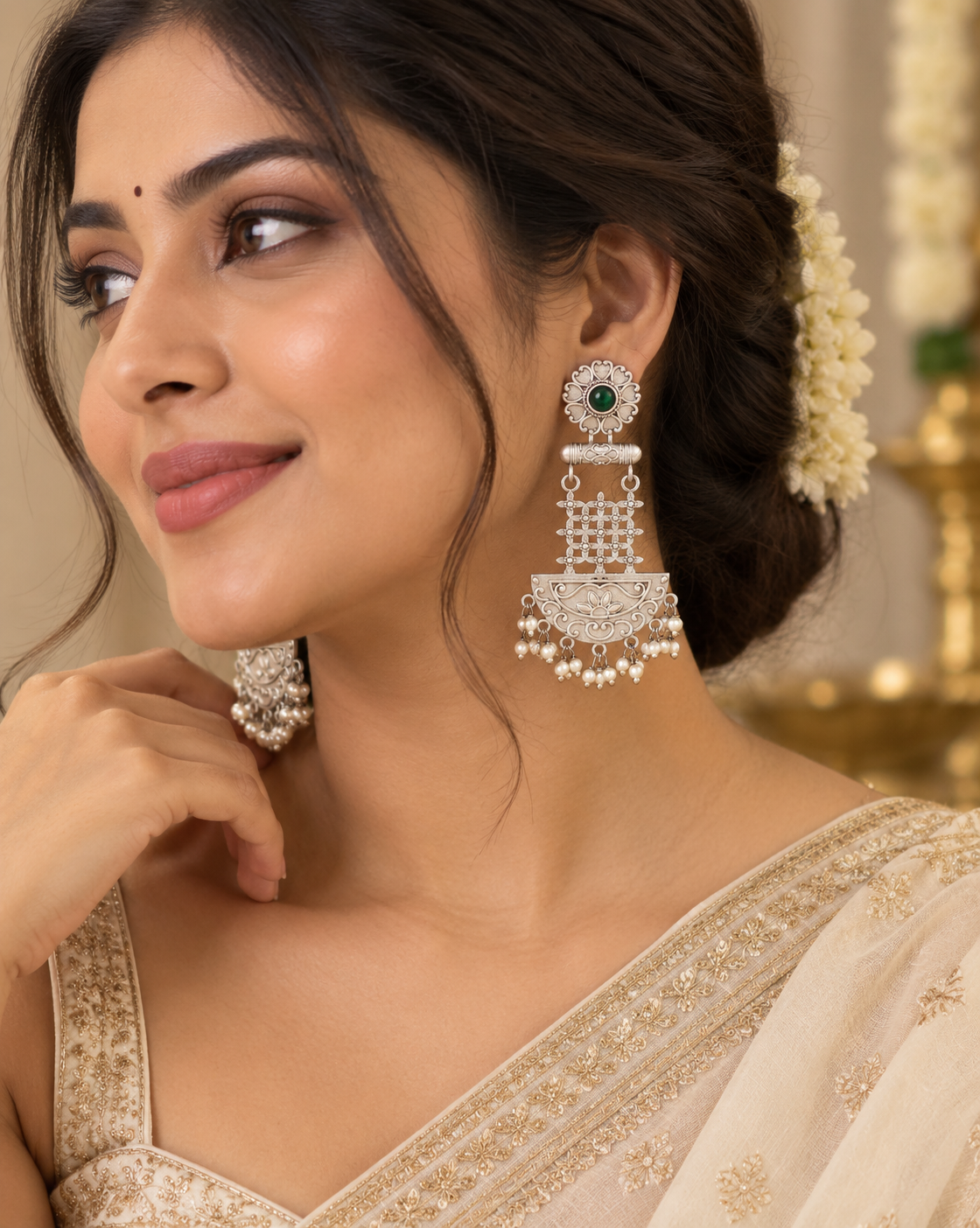 Emerald Green Oxidised Silver-Tone Pearl Chandbali Earring