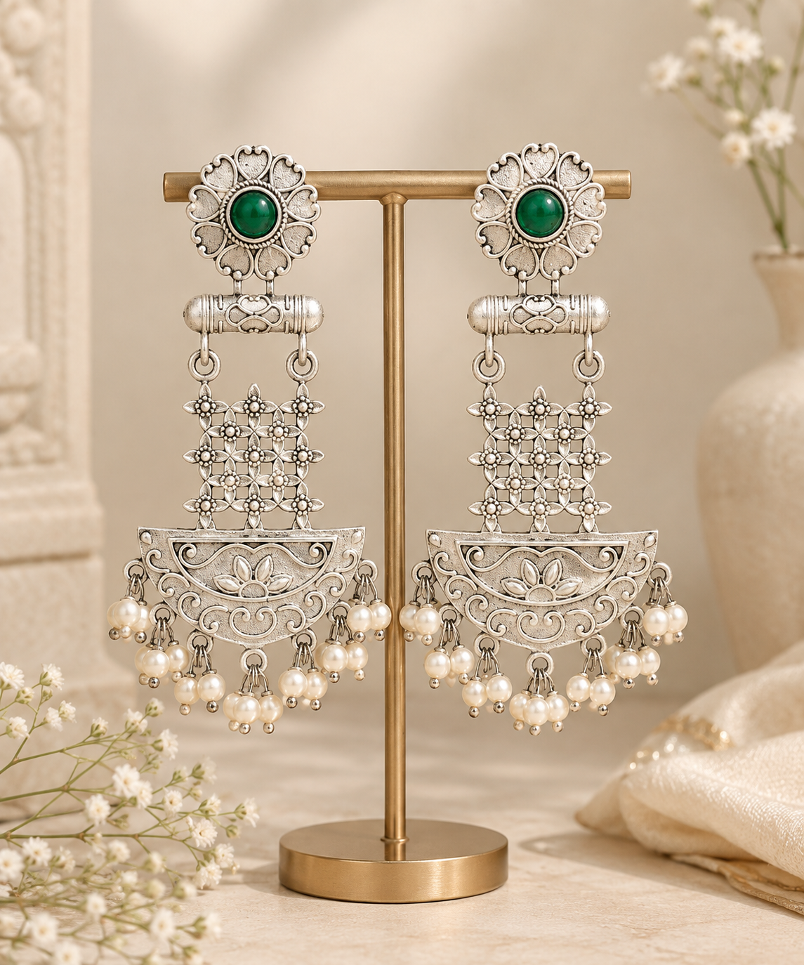 Emerald Green Oxidised Silver-Tone Pearl Chandbali Earring