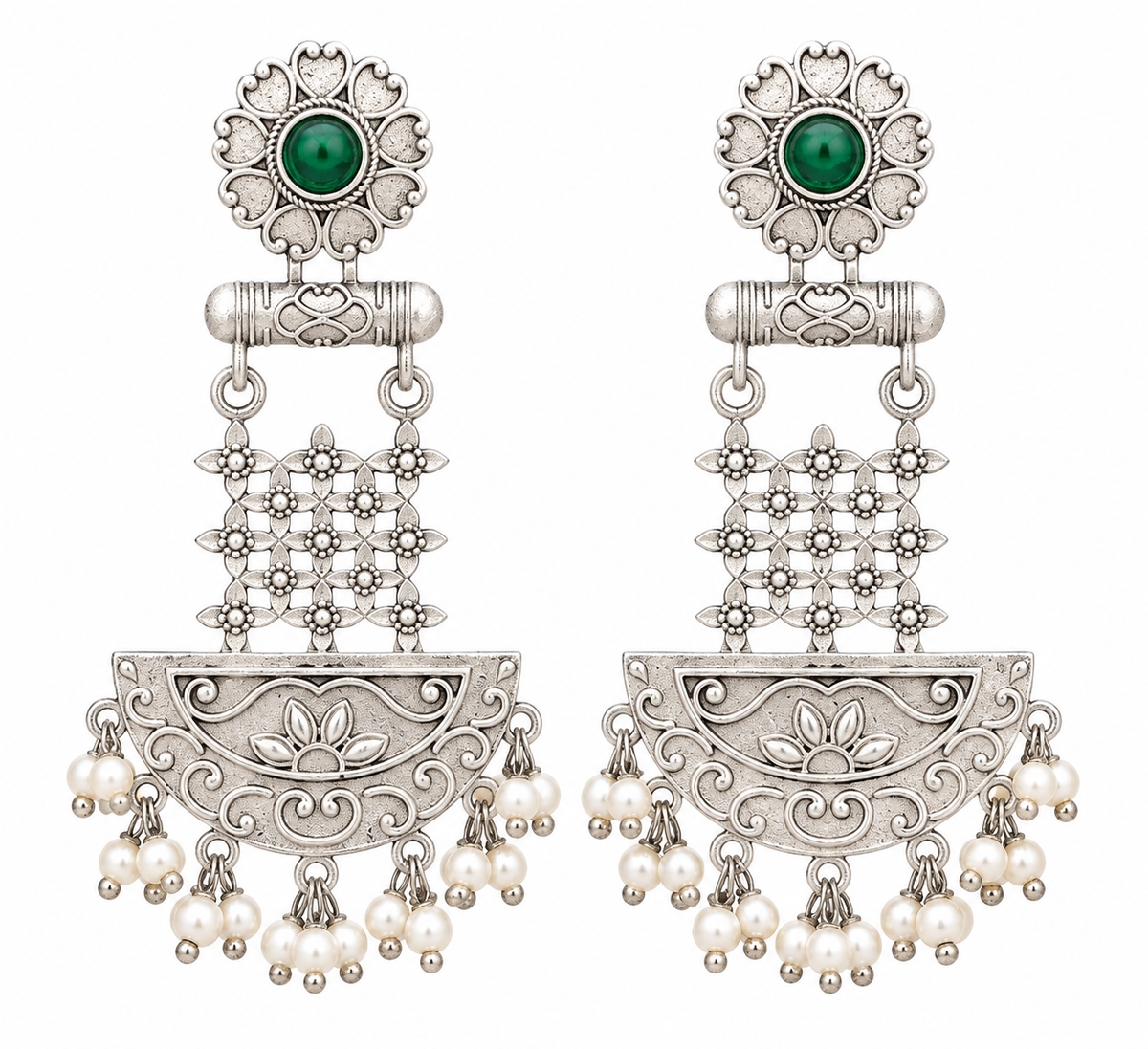 Emerald Green Oxidised Silver-Tone Pearl Chandbali Earring