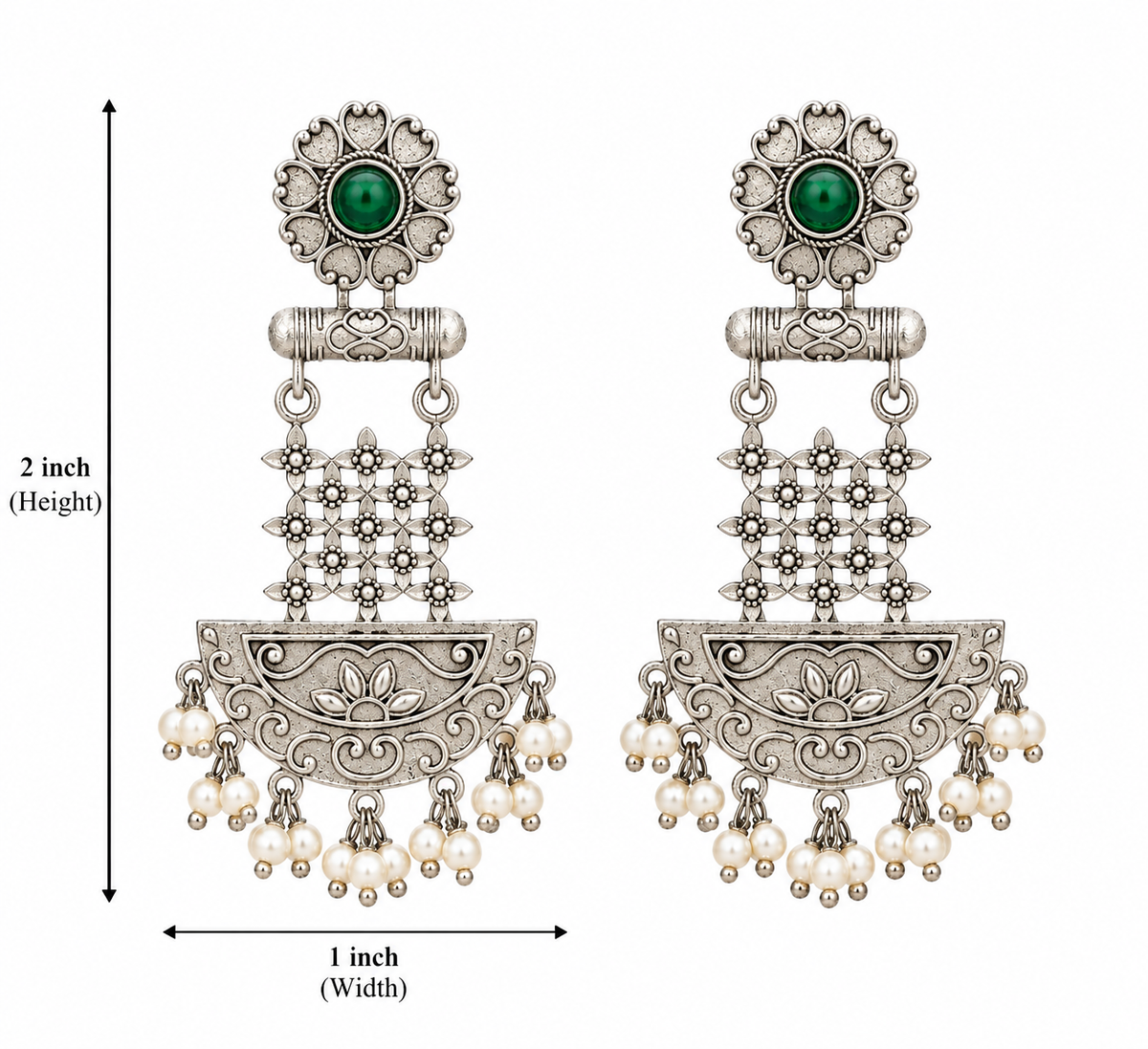 Emerald Green Oxidised Silver-Tone Pearl Chandbali Earring