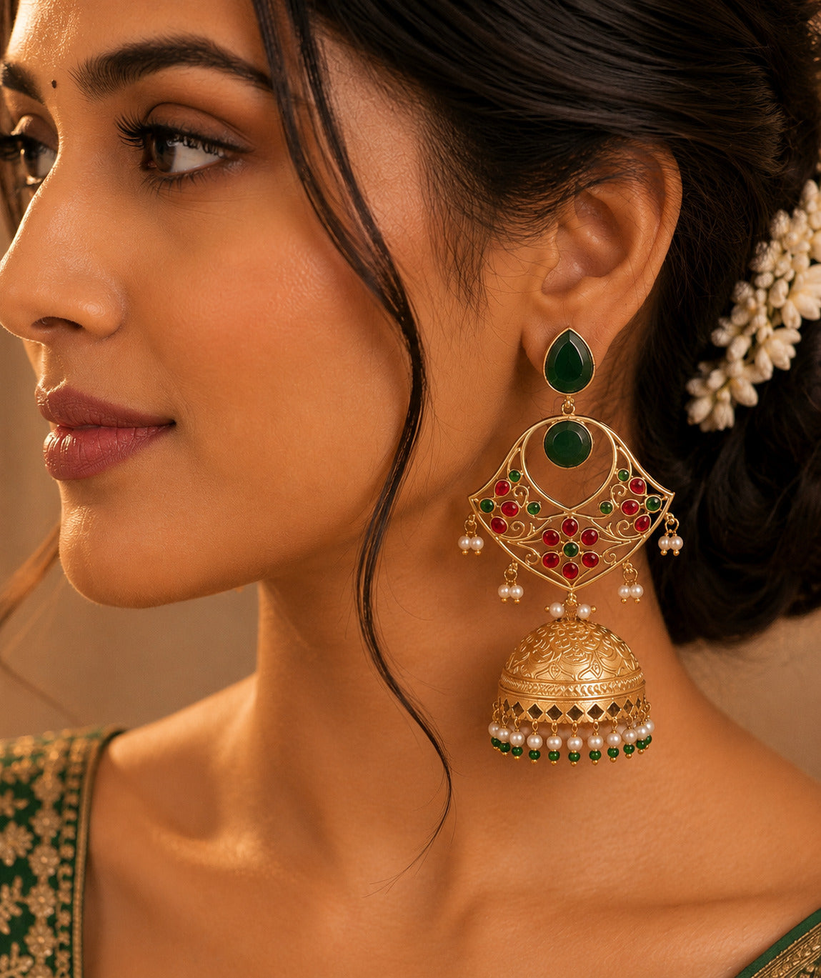 Royal Green & Ruby Stone Jhumka Earrings with Pearl Drops
